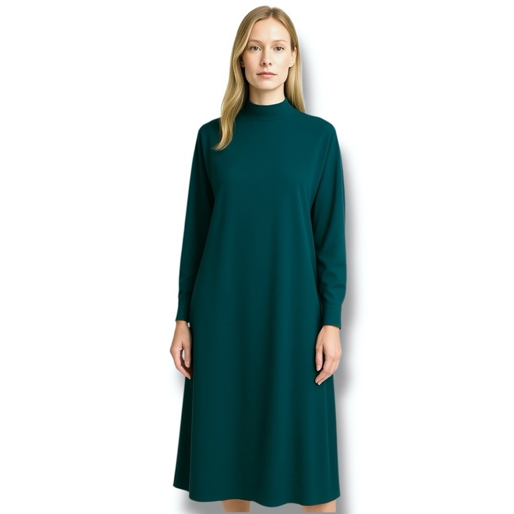Modest Minimalist Designer Mock Neck Midi Dress Teal Green Longsleeve Medium